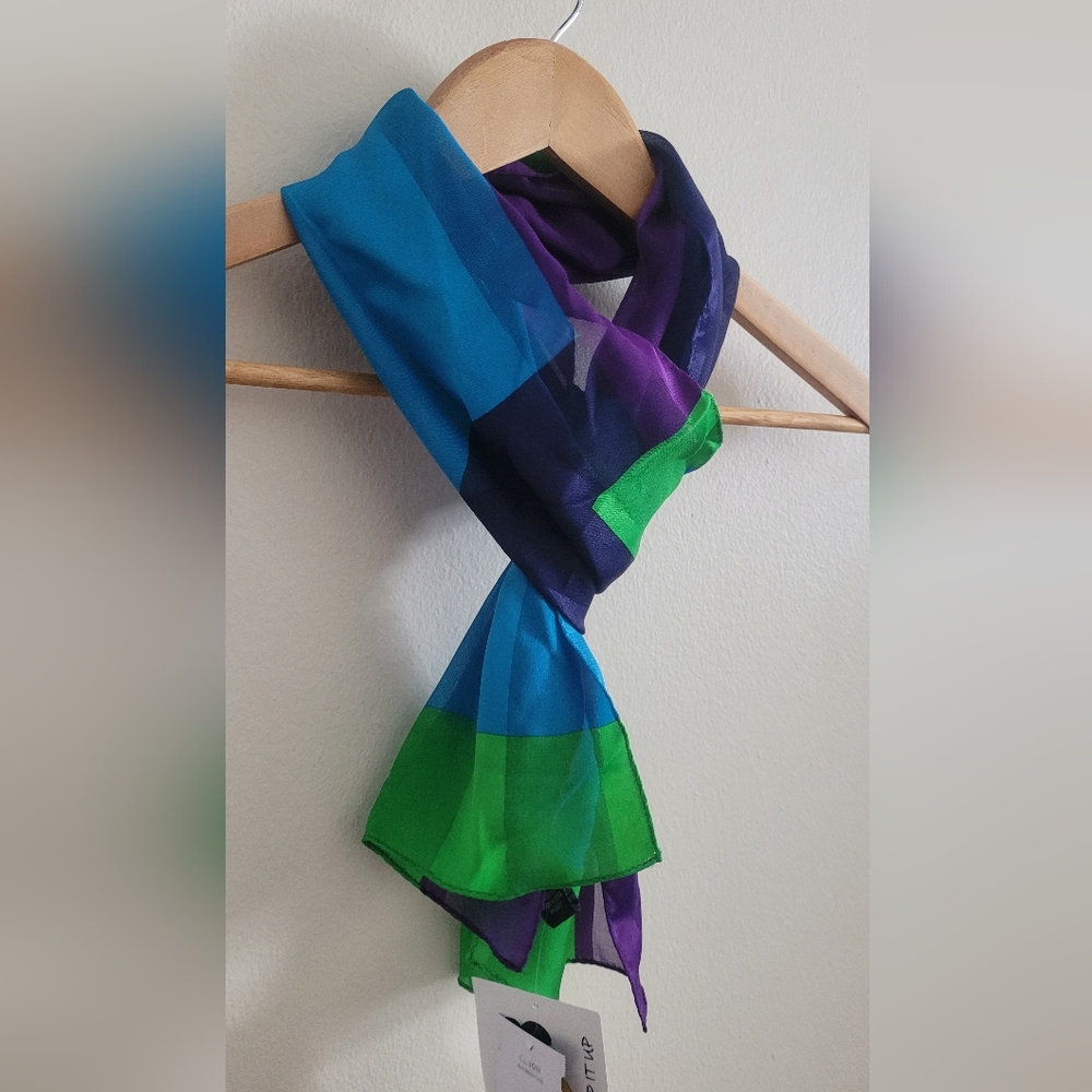 Vtg Cejon Silky Bright Multicolor Scarf or Hair Wrap, Blue, Kelly Green & Purple